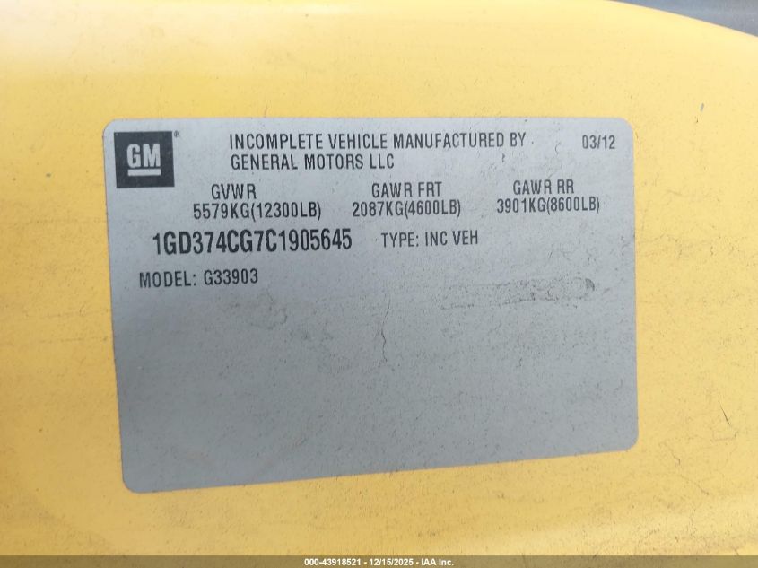 2012 GMC Savana Cutaway Work Van VIN: 1GD374CG7C1905645 Lot: 43918521