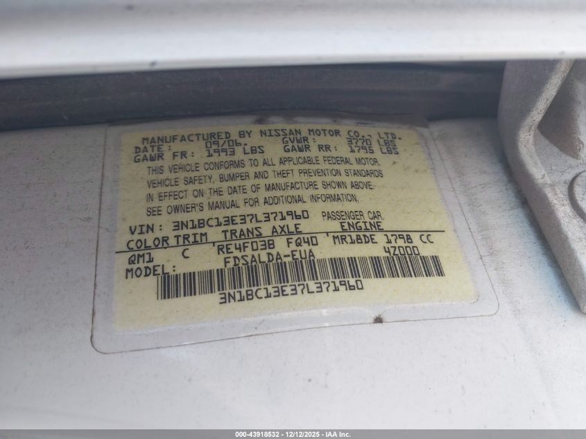 2007 Nissan Versa 1.8S VIN: 3N1BC13E37L371960 Lot: 43918532