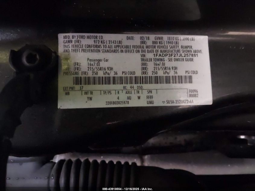 2018 Ford Focus Se VIN: 1FADP3F27JL257881 Lot: 43918554