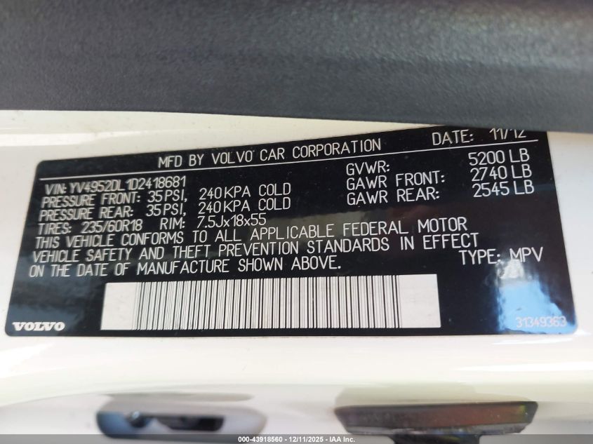 2013 Volvo Xc60 3.2 Platinum VIN: YV4952DL1D2418681 Lot: 43918560