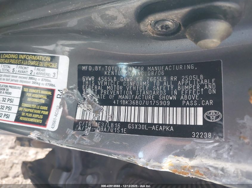 2007 Toyota Avalon Limited VIN: 4T1BK36B07U175909 Lot: 43918568