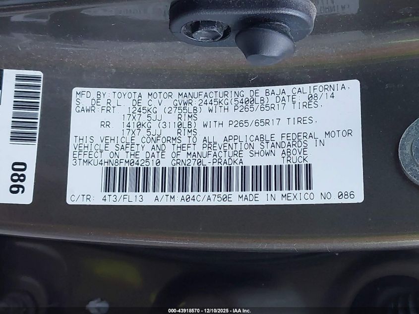 2015 Toyota Tacoma Prerunner V6 VIN: 3TMKU4HN8FM042510 Lot: 43918570