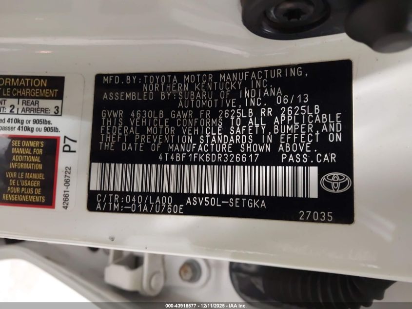 2013 Toyota Camry Xle VIN: 4T4BF1FK6DR326617 Lot: 43918577