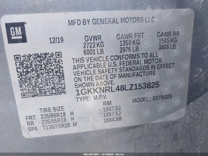 2020 GMC Acadia Fwd Sle VIN: 1GKKNRL48LZ153825 Lot: 43918581