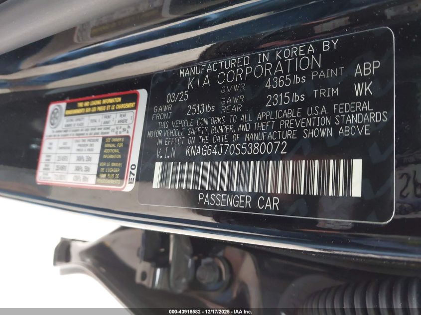 2025 Kia K5 Gt-Line VIN: KNAG64J70S5380072 Lot: 43918582