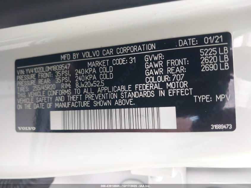 2021 Volvo Xc60 T5 Inscription VIN: YV4102DL0M1809547 Lot: 43918585