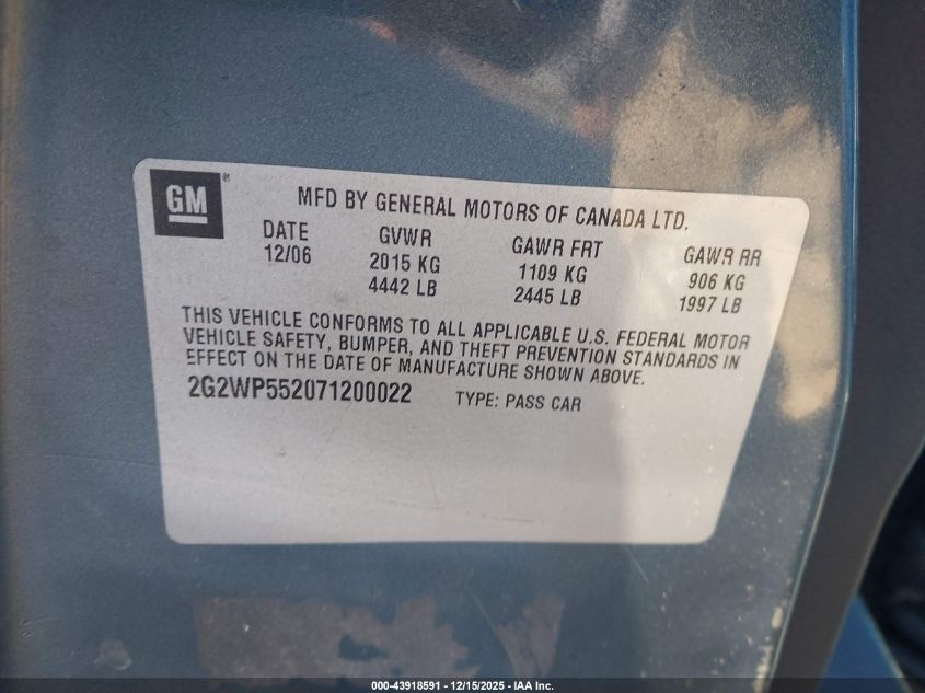 2007 Pontiac Grand Prix VIN: 2G2WP552071200022 Lot: 43918591
