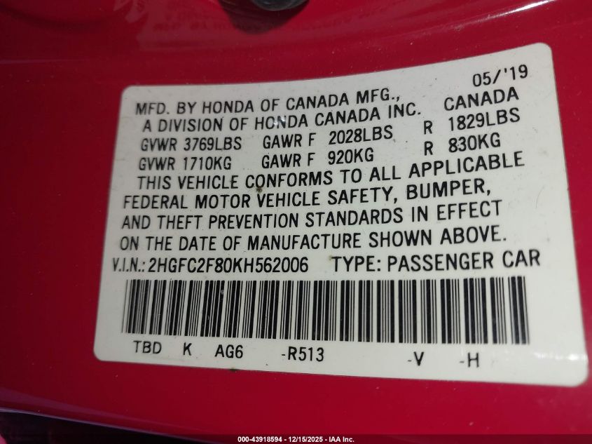 2019 Honda Civic Sport VIN: 2HGFC2F80KH562006 Lot: 43918594