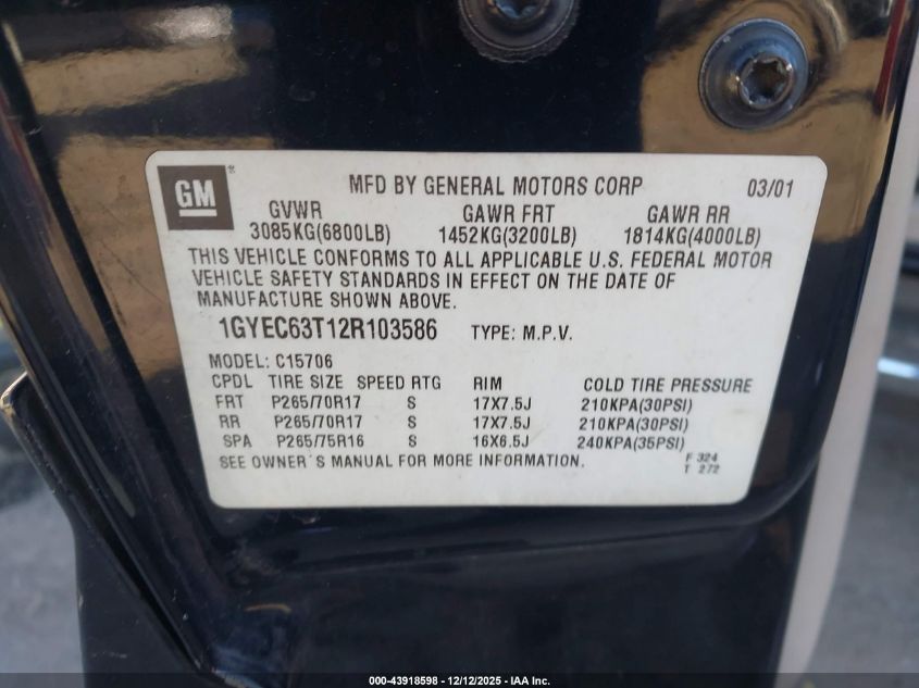 2002 Cadillac Escalade Standard VIN: 1GYEC63T12R103586 Lot: 43918598