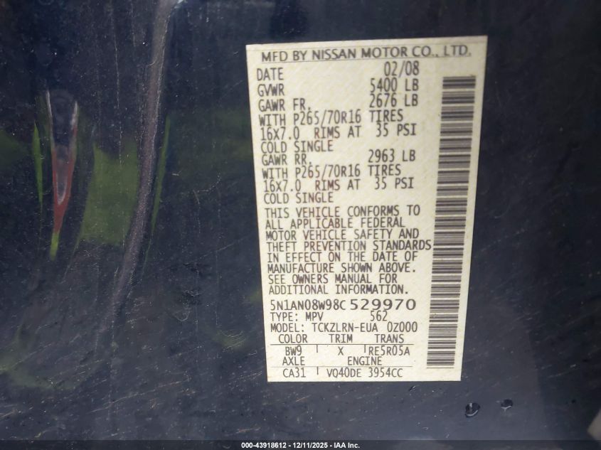2008 Nissan Xterra S VIN: 5N1AN08W98C529970 Lot: 43918612