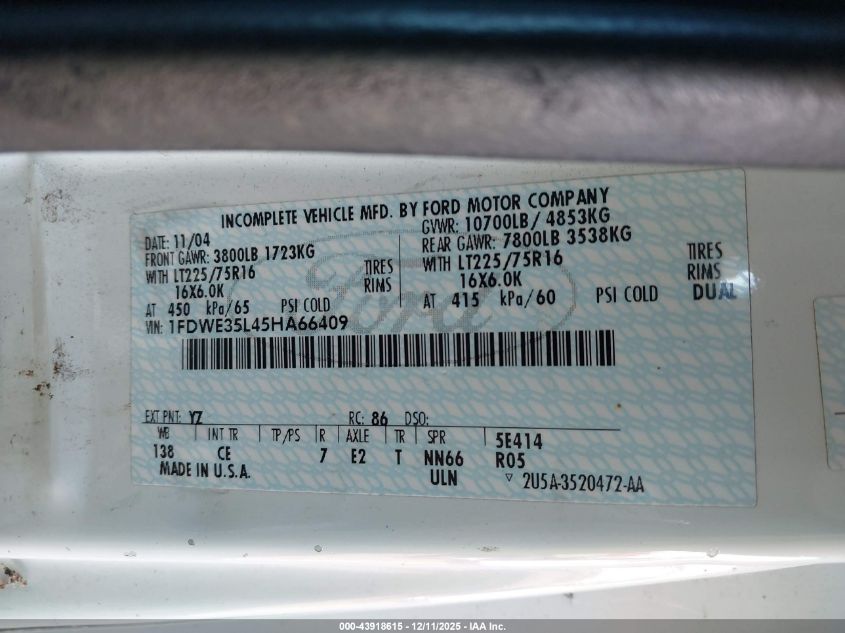 2005 Ford E-350 Cutaway Standard VIN: 1FDWE35L45HA66409 Lot: 43918615