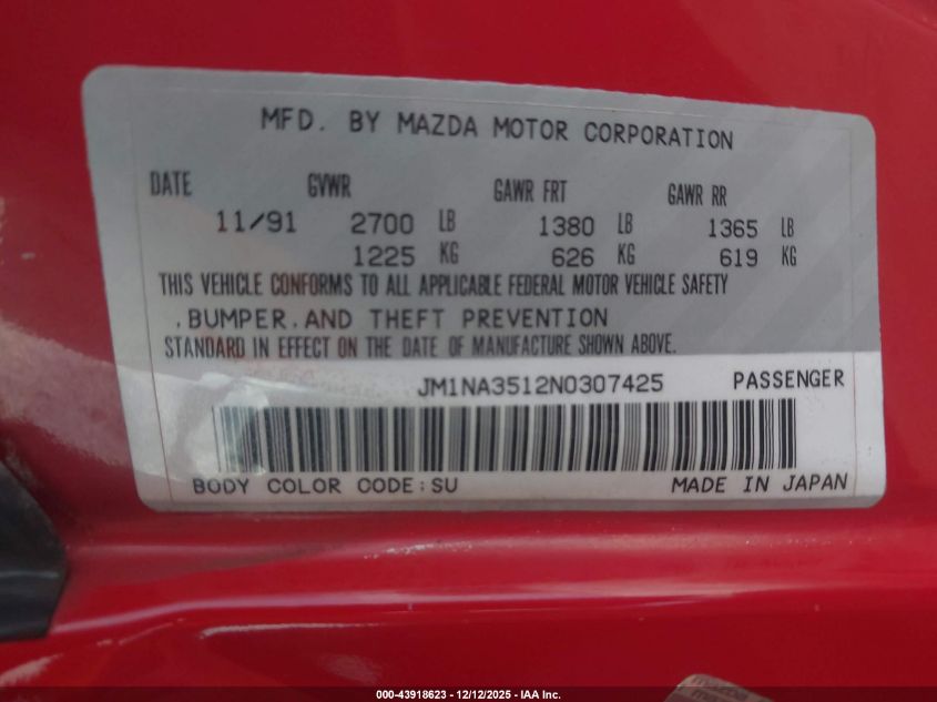 1992 Mazda Mx-5 Miata VIN: JM1NA3512N0307425 Lot: 43918623