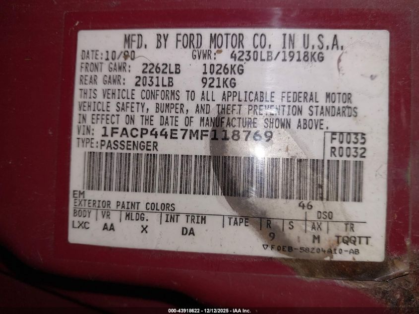 1991 Ford Mustang Lx VIN: 1FACP44E7MF118769 Lot: 43918622