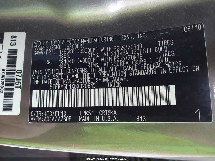 2011 Toyota Tundra Grade 4.6L V8 VIN: 5TFRM5F1XBX020615 Lot: 43918624