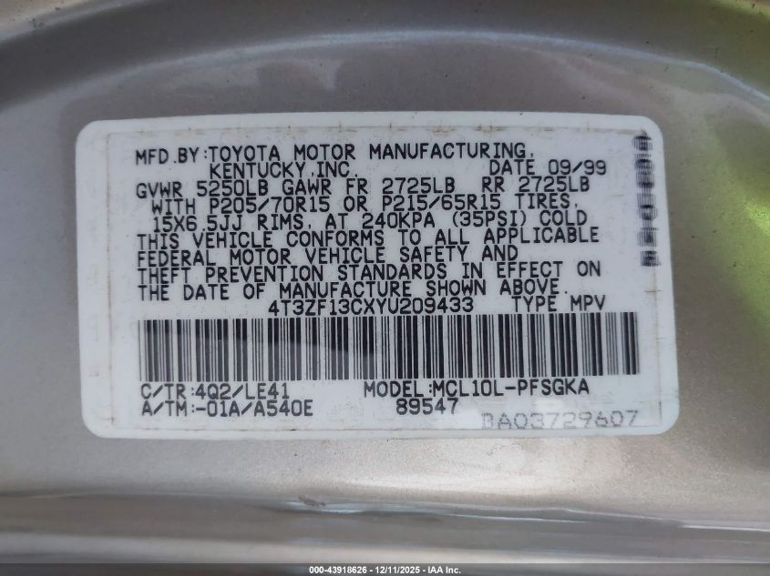 2000 Toyota Sienna Xle VIN: 4T3ZF13CXYU209433 Lot: 43918626