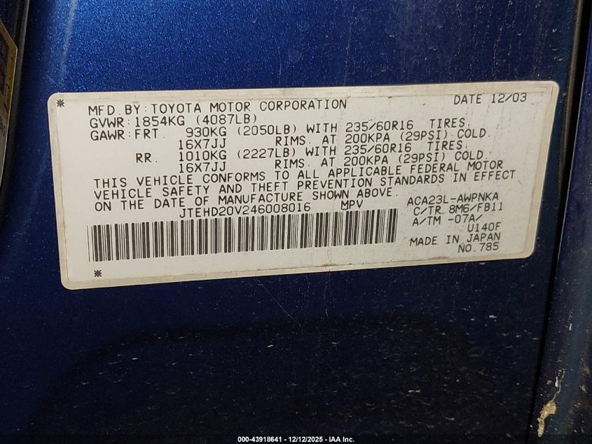 2004 Toyota Rav4 VIN: JTEHD20V246008016 Lot: 43918641