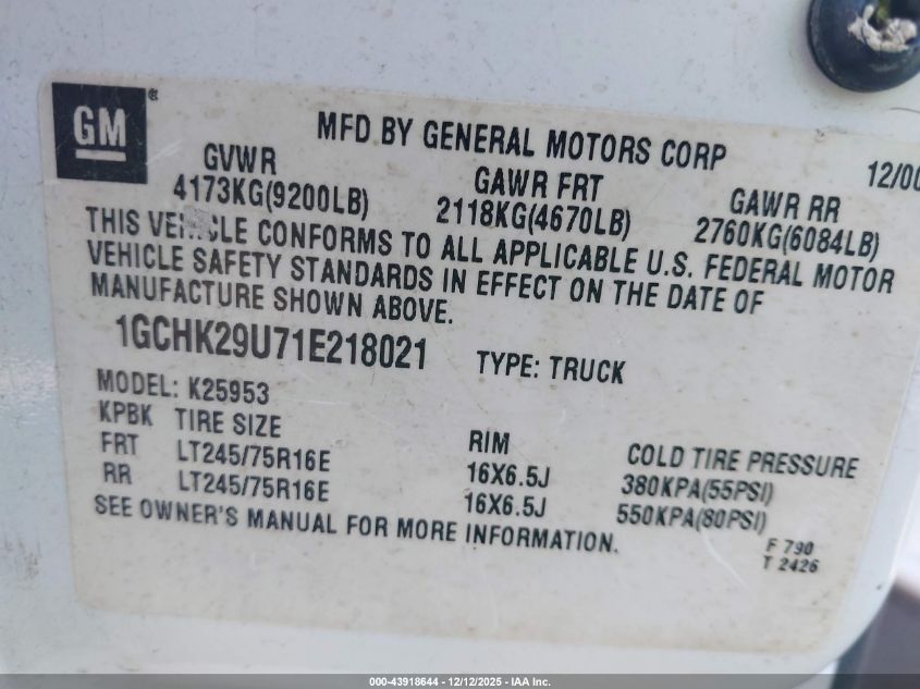 2001 Chevrolet Silverado 2500Hd Ls VIN: 1GCHK29U71E218021 Lot: 43918644