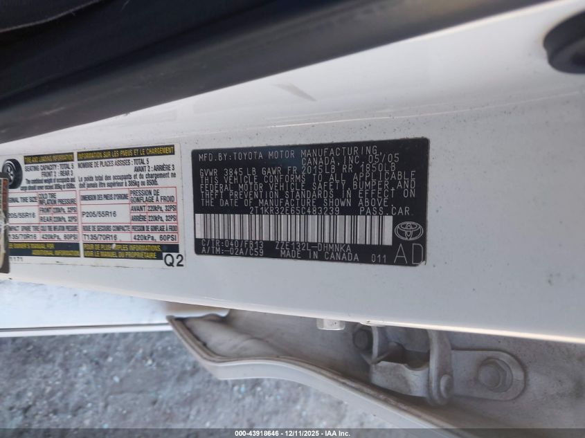 2005 Toyota Matrix Xr VIN: 2T1KR32E65C483239 Lot: 43918646