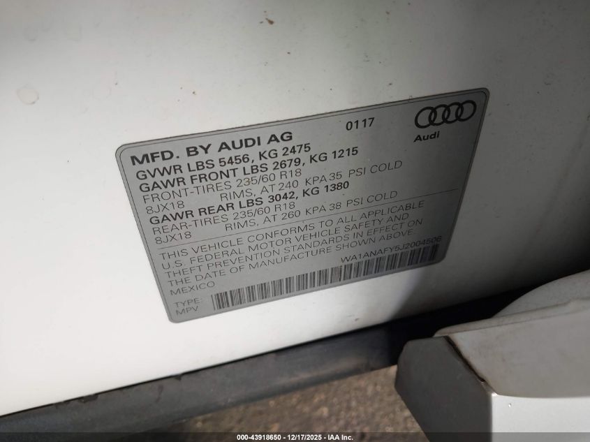 2018 Audi Q5 2.0T Premium/2.0T Tech Premium VIN: WA1ANAFY5J2004506 Lot: 43918650