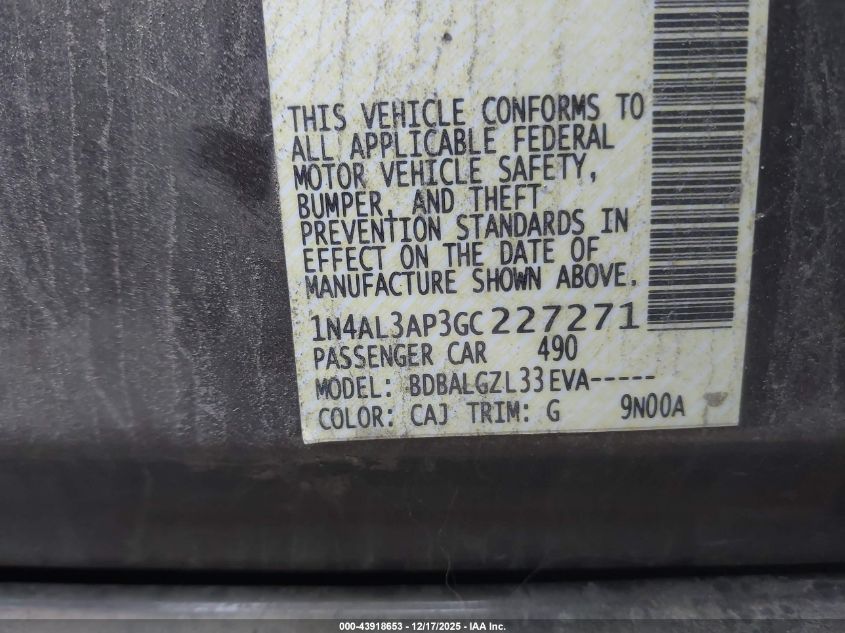 2016 Nissan Altima 2.5/2.5 S/2.5 Sl/2.5 Sr/2.5 Sv VIN: 1N4AL3AP3GC227271 Lot: 43918653