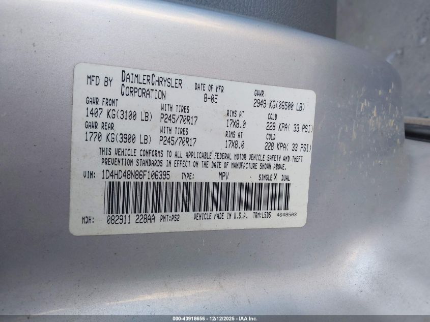 2006 Dodge Durango Slt VIN: 1D4HD48N86F106395 Lot: 43918656