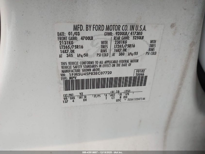 2003 Ford Excursion Eddie Bauer VIN: 1FMSU45P83EC07720 Lot: 43918657