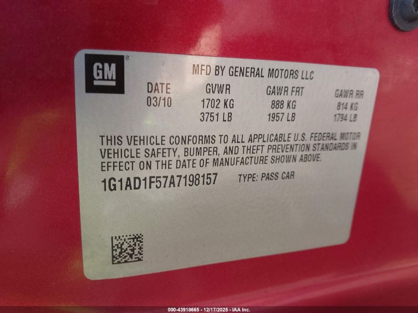 2010 Chevrolet Cobalt Lt VIN: 1G1AD1F57A7198157 Lot: 43918665