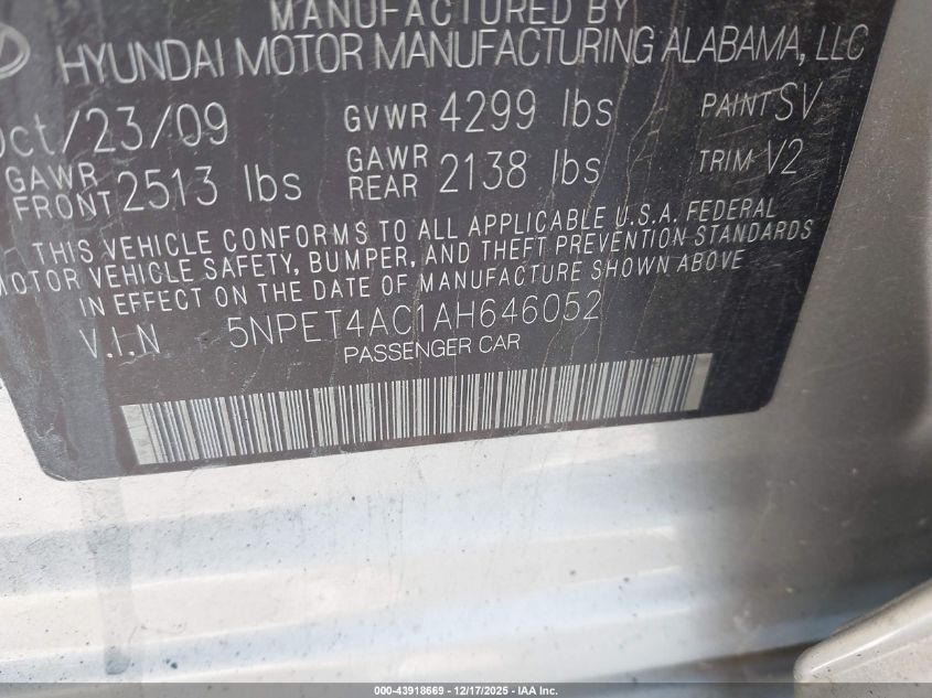 2010 Hyundai Sonata Gls VIN: 5NPET4AC1AH646052 Lot: 43918669