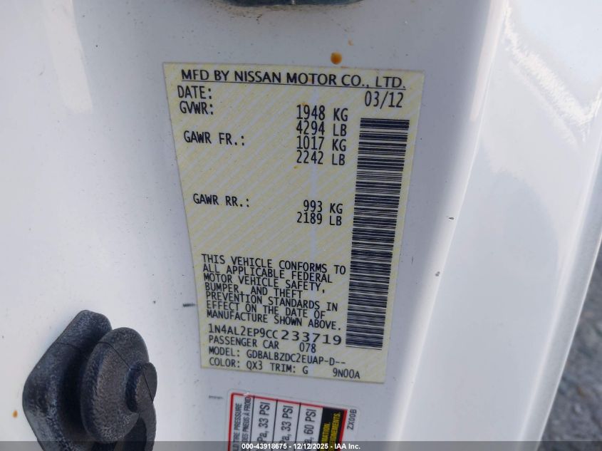 2012 Nissan Altima 2.5 S VIN: 1N4AL2EP9CC233719 Lot: 43918675