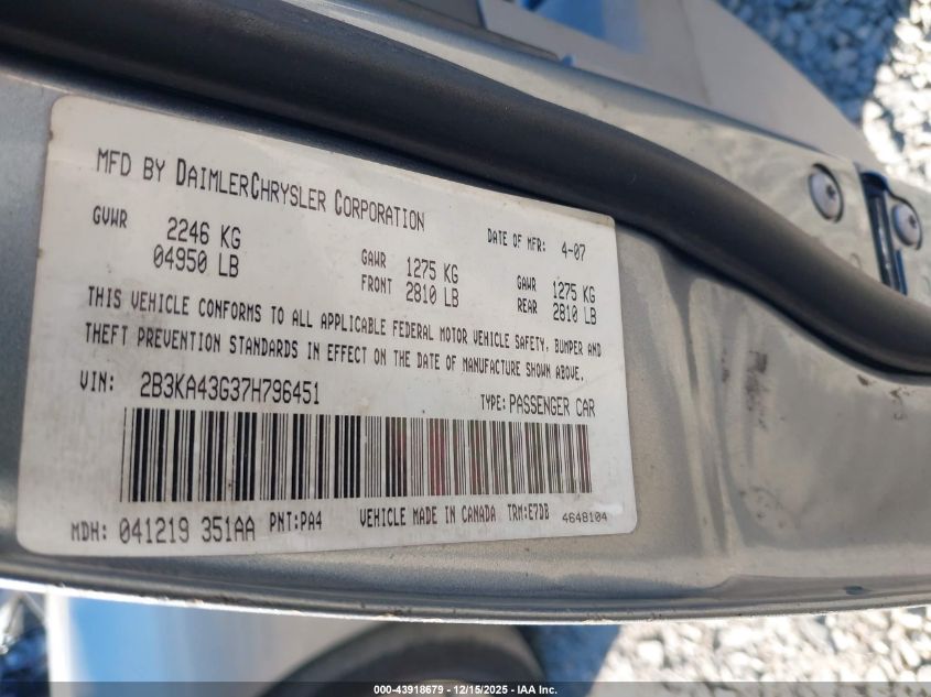 2007 Dodge Charger VIN: 2B3KA43G37H796451 Lot: 43918679