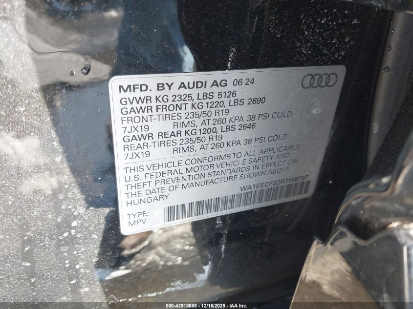 2024 Audi Q3 Premium Plus 45 Tfsi S Line Quattro Tiptronic VIN: WA1EECF32R1168797 Lot: 43918685