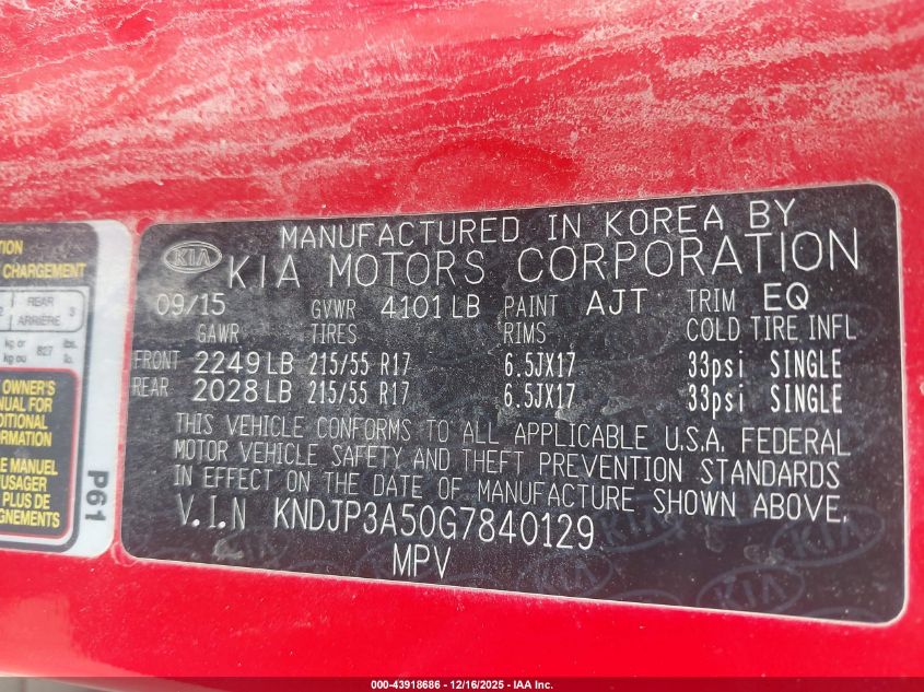 2016 Kia Soul + VIN: KNDJP3A50G7840129 Lot: 43918686