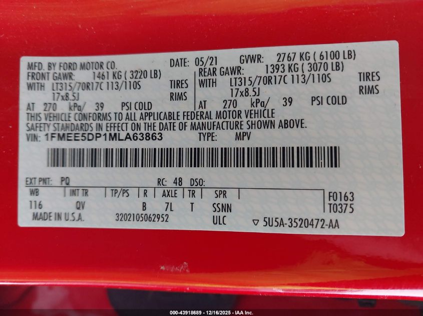 2021 Ford Bronco Big Bend VIN: 1FMEE5DP1MLA63863 Lot: 43918689