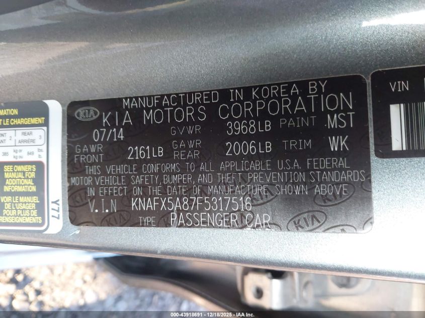 2015 Kia Forte Ex VIN: KNAFX5A87F5317516 Lot: 43918691