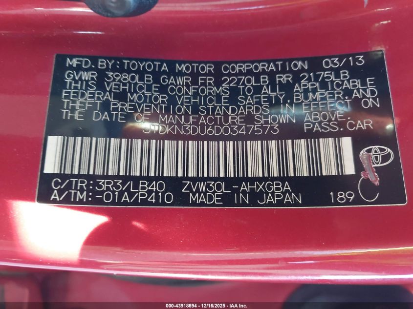 2013 Toyota Prius Four VIN: JTDKN3DU6D0347573 Lot: 43918694