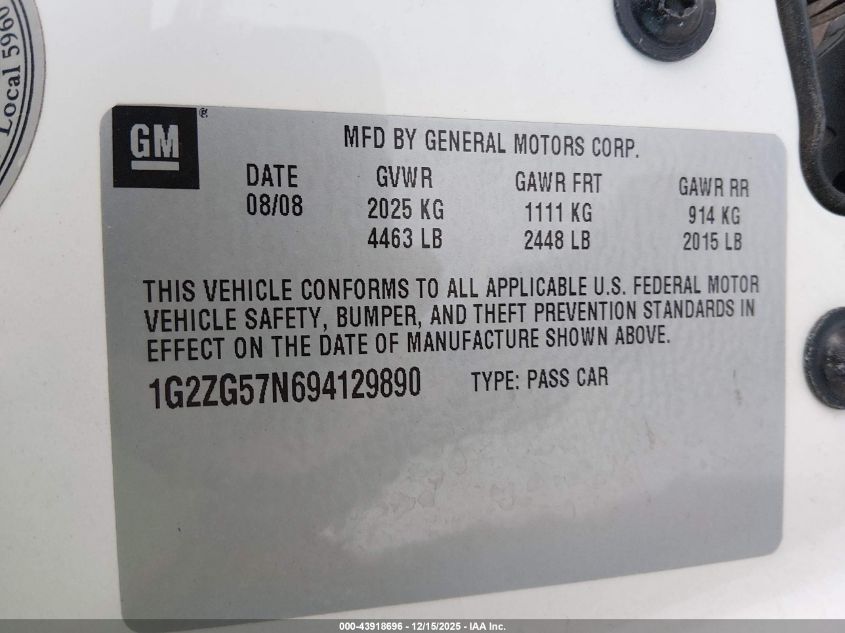 2009 Pontiac G6 VIN: 1G2ZG57N694129890 Lot: 43918696