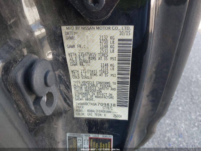 2016 Nissan Frontier S VIN: 1N6BD0CTXGN709838 Lot: 43918697