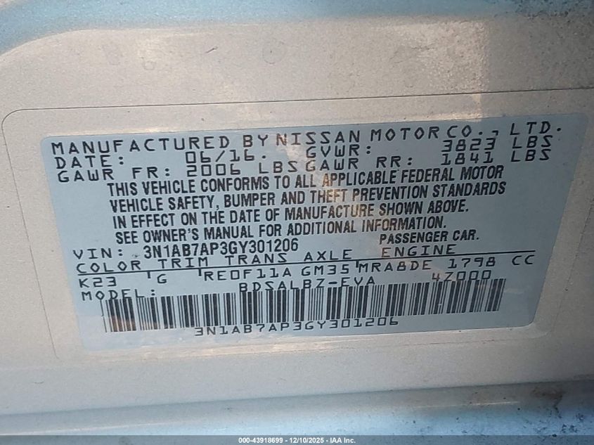 2016 Nissan Sentra S VIN: 3N1AB7AP3GY301206 Lot: 43918699