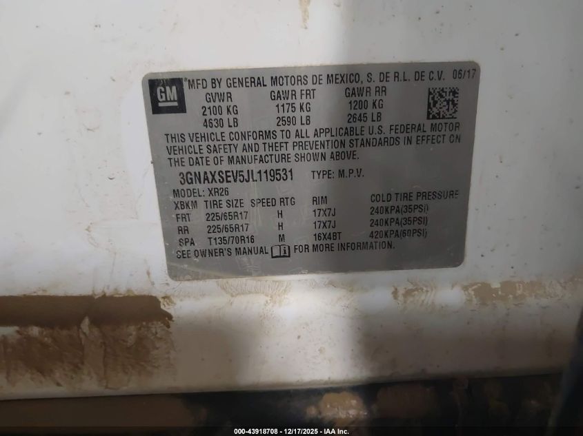 2018 Chevrolet Equinox Lt VIN: 3GNAXSEV5JL119531 Lot: 43918708