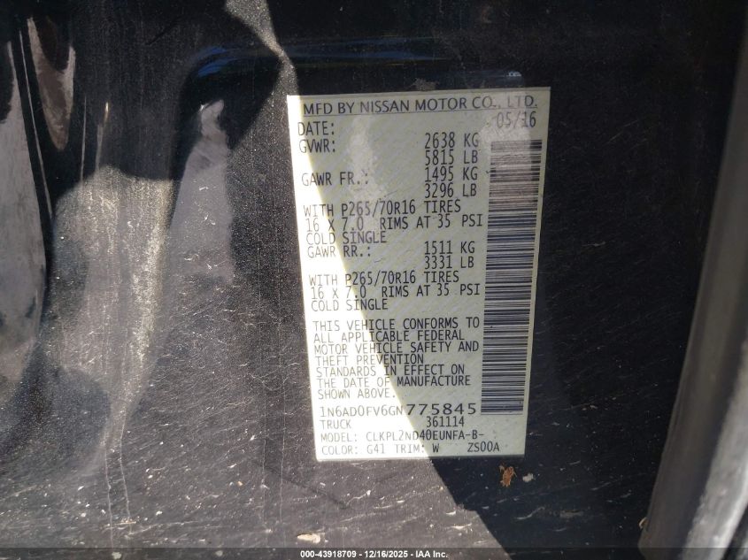 2016 Nissan Frontier Sv VIN: 1N6AD0FV6GN775845 Lot: 43918709