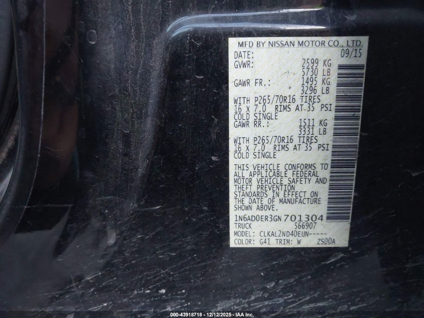 2016 Nissan Frontier Desert Runner/S/Sl/Sv VIN: 1N6AD0ER3GN701304 Lot: 43918718