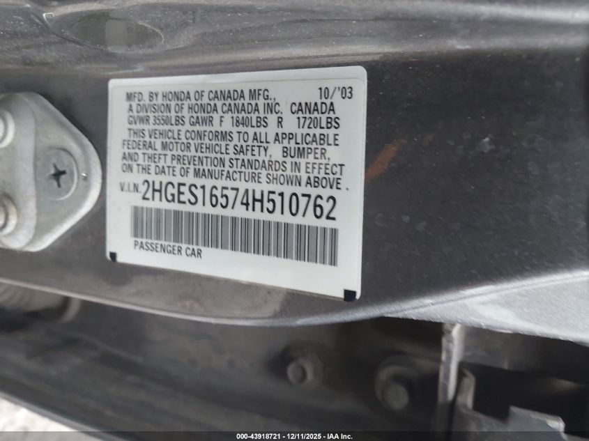 2004 Honda Civic Lx VIN: 2HGES16574H510762 Lot: 43918721