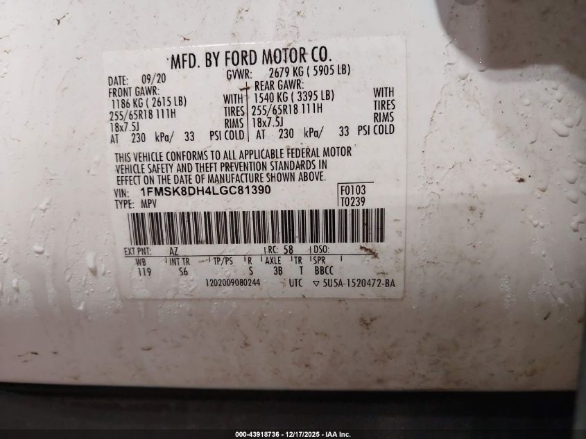 2020 Ford Explorer Xlt VIN: 1FMSK8DH4LGC81390 Lot: 43918736