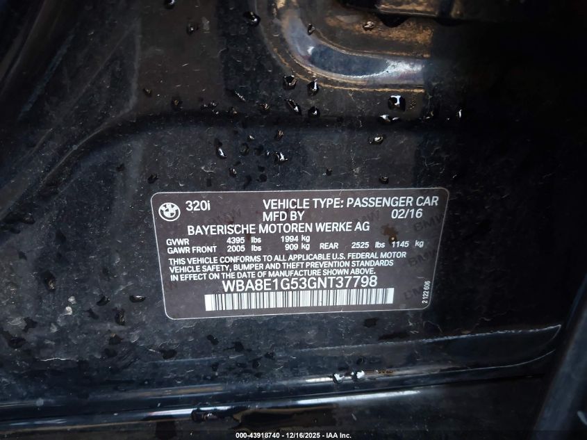 2016 BMW 320I VIN: WBA8E1G53GNT37798 Lot: 43918740