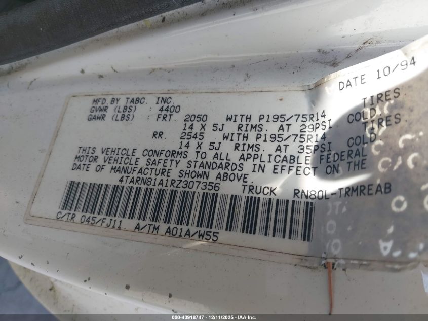 1994 Toyota Pickup 1/2 Ton Short Whlbase Stb VIN: 4TARN81A1RZ307356 Lot: 43918747