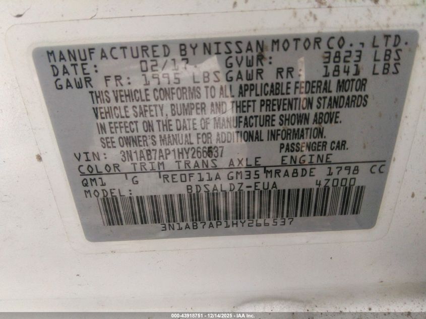 2017 Nissan Sentra Sv VIN: 3N1AB7AP1HY266537 Lot: 43918751