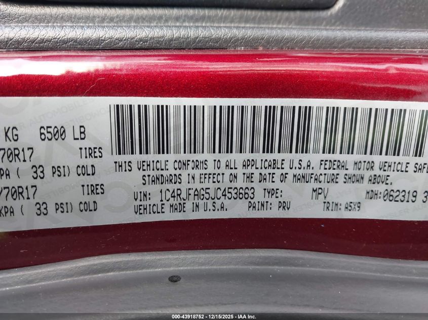 2018 Jeep Grand Cherokee Laredo E 4X4 VIN: 1C4RJFAG5JC453663 Lot: 43918752