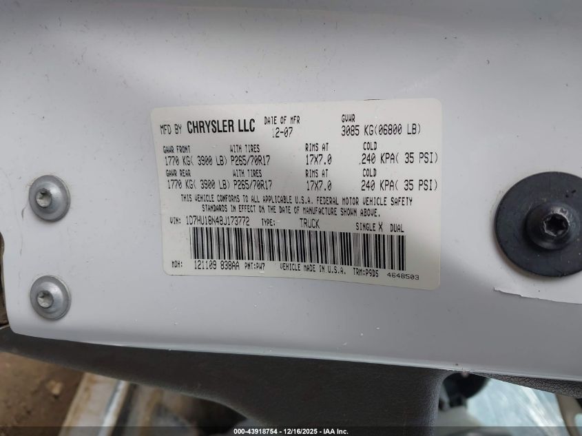 2008 Dodge Ram 1500 St/Sxt VIN: 1D7HU18N48J173772 Lot: 43918754