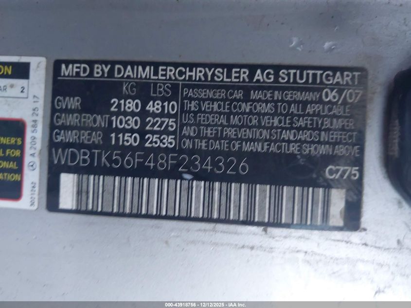 2008 Mercedes-Benz Clk 350 VIN: WDBTK56F48F234326 Lot: 43918756