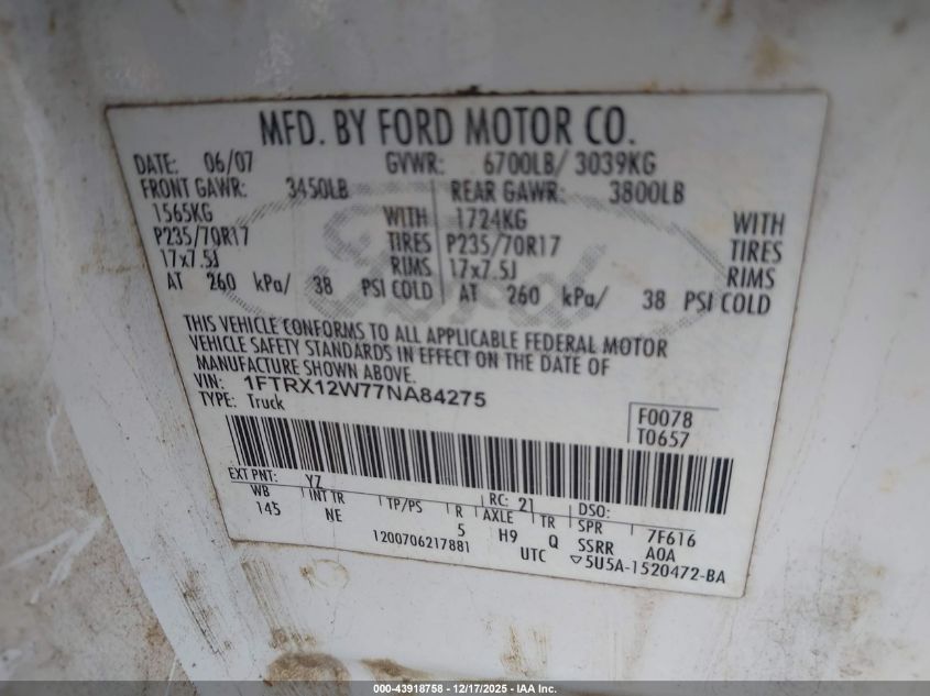 2007 Ford F-150 Stx/Xl/Xlt VIN: 1FTRX12W77NA84275 Lot: 43918758